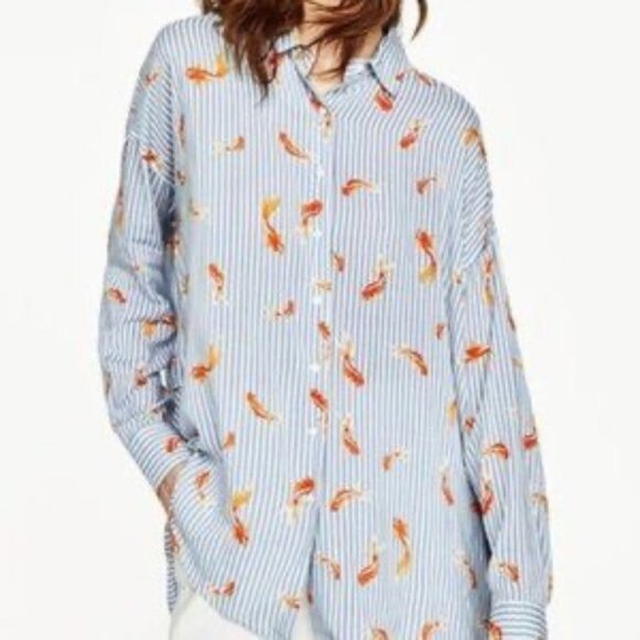 Zara Tops - ZaraGoldfishNoveltyPrintStripedOversizedButtonDownBlouseTopLLarge